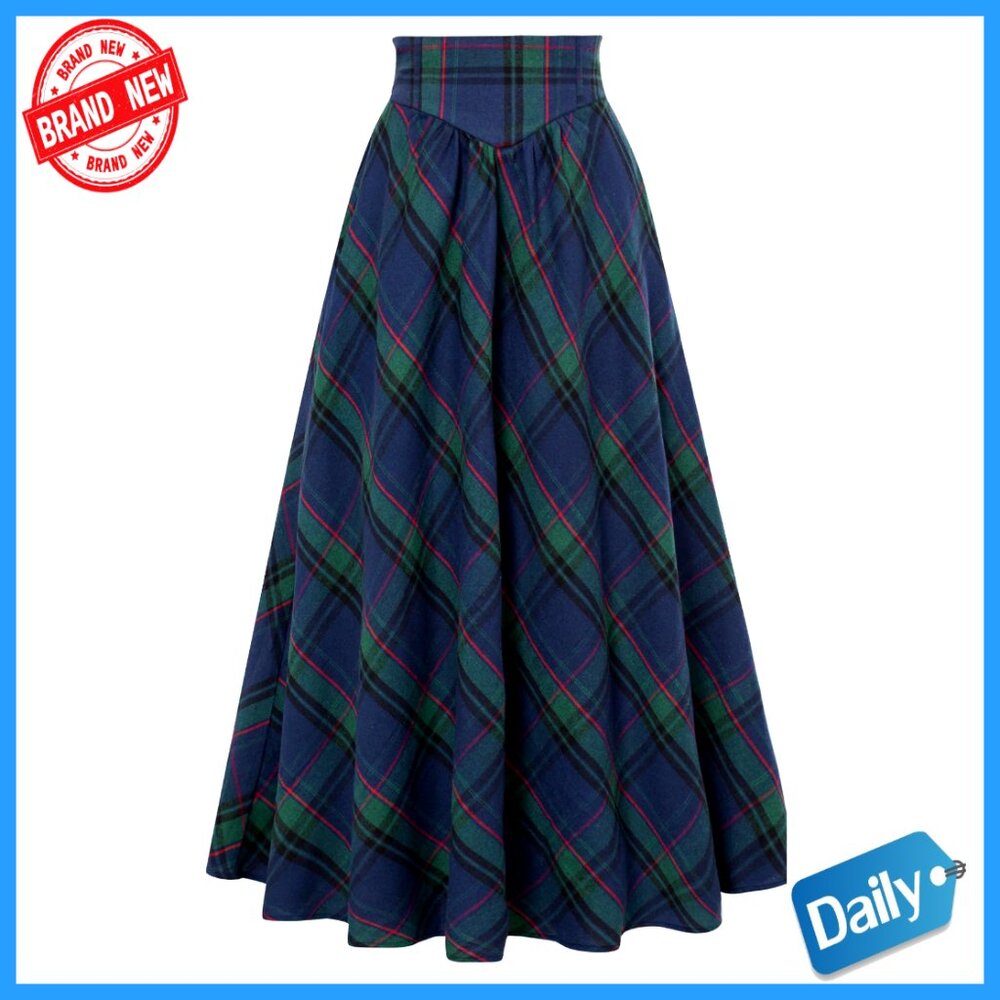 Victorian Maxi Skirt High Waist Elastic Plaid Long A-Line Vintage